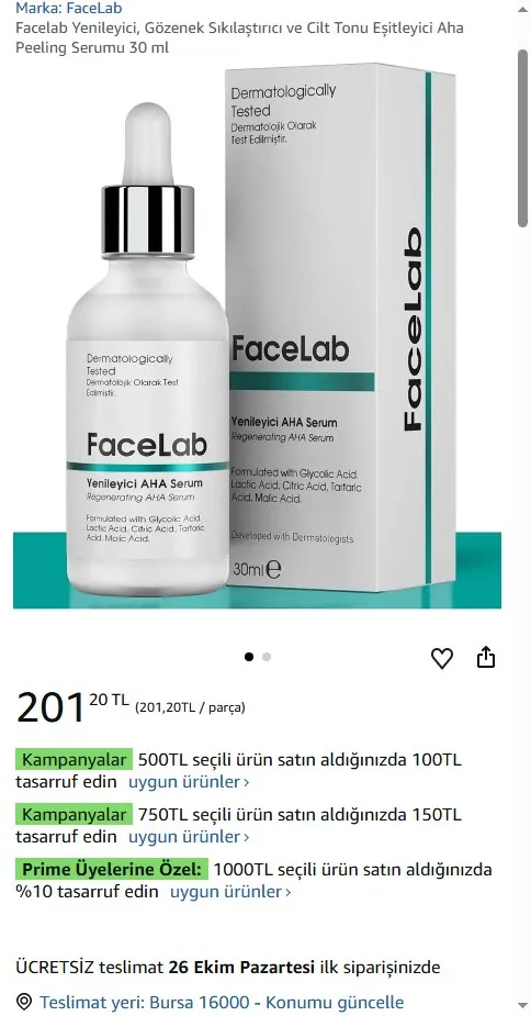Facelab Yenileyici, Gözenek Sıkılaştırıcı ve Cilt Tonu Eşitleyici Aha Peeling Serumu 30 ml