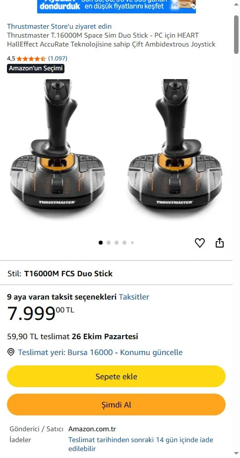 Thrustmaster T.16000M Space Sim Duo Stick - PC için HEART HallEffect AccuRate Teknolojisine sahip Çift Ambidextrous Joystick