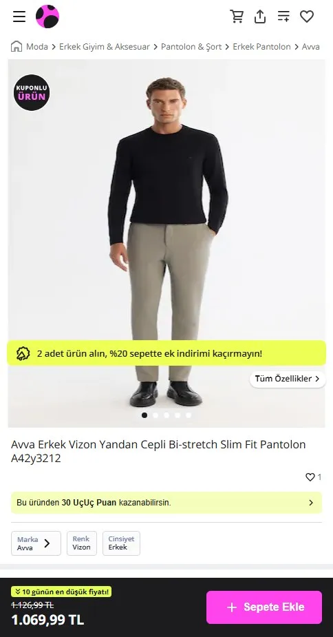 Avva Erkek Vizon Yandan Cepli Bi-stretch Slim Fit Pantolon A42y3212