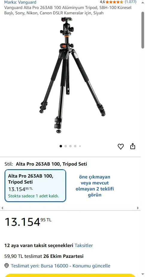 Vanguard Alta Pro 263AB 100 Alüminyum Tripod, SBH-100 Küresel Başlı, Sony, Nikon, Canon DSLR Kameralar için, Siyah