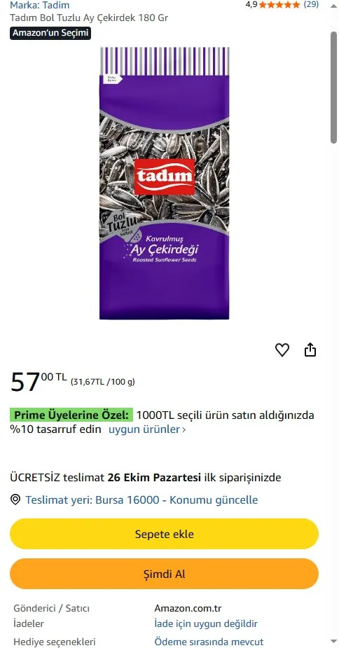 Tadım Bol Tuzlu Ay Çekirdek 180 Gr