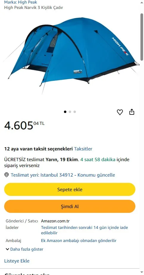High Peak Narvik 3 Kişilik Çadır