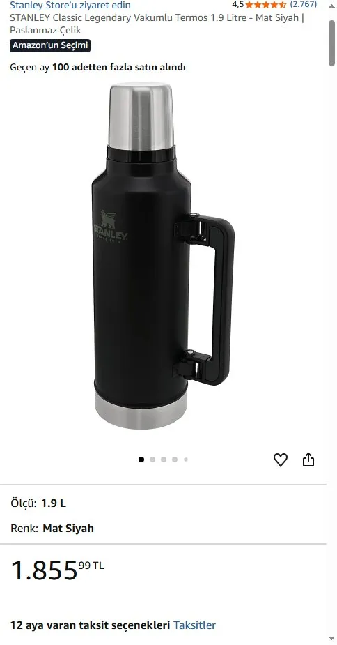 STANLEY Classic Legendary Vakumlu Termos 1.9 Litre - Mat Siyah | Paslanmaz Çelik