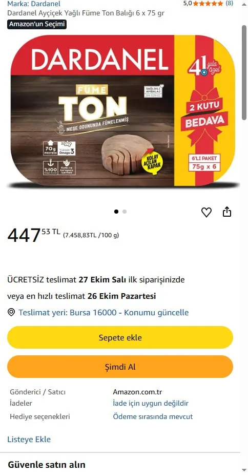 Dardanel Ayçiçek Yağlı Füme Ton Balığı 6 x 75 gr