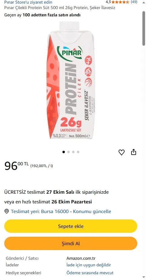 Pınar Çilekli Protein Süt 500 ml 26g Protein, Şeker İlavesiz