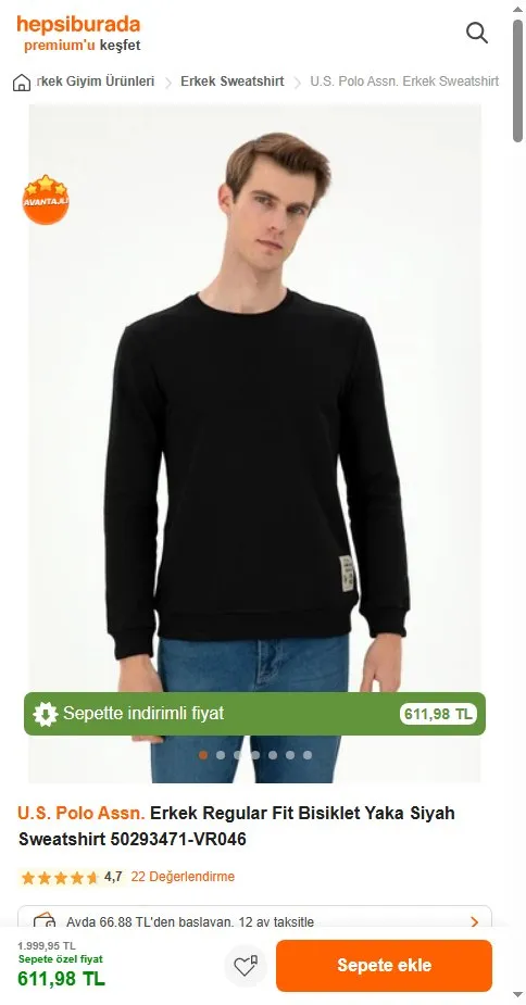 U.S. Polo Assn. Erkek Regular Fit Bisiklet Yaka Siyah Sweatshirt 50293471-VR046