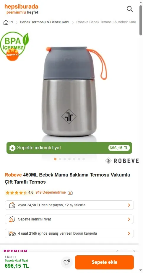 Robeve 450ML Bebek Mama Saklama Termosu Vakumlu Çift Taraflı Termos