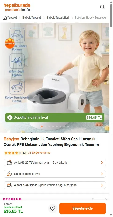 Babyjem Bebeğimin İlk Tuvaleti Sifon Sesli Lazımlık Oturak PP5 Malzemeden Yapılmış Ergonomik Tasarım