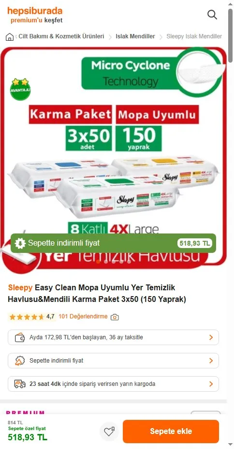Sleepy Easy Clean Mopa Uyumlu Yer Temizlik Havlusu&Mendili Karma Paket 3x50 (150 Yaprak)
