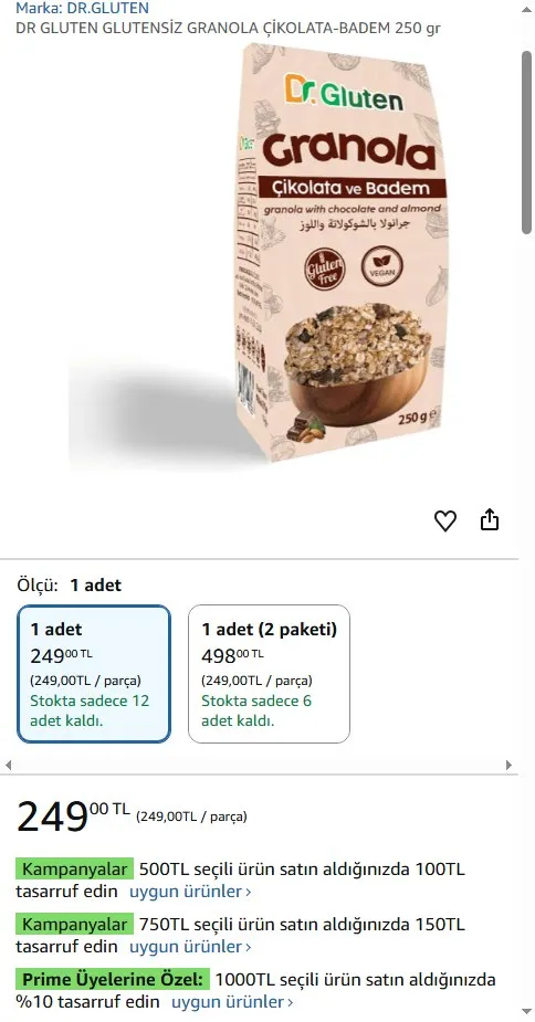 DR GLUTEN GLUTENSİZ GRANOLA ÇİKOLATA-BADEM 250 gr