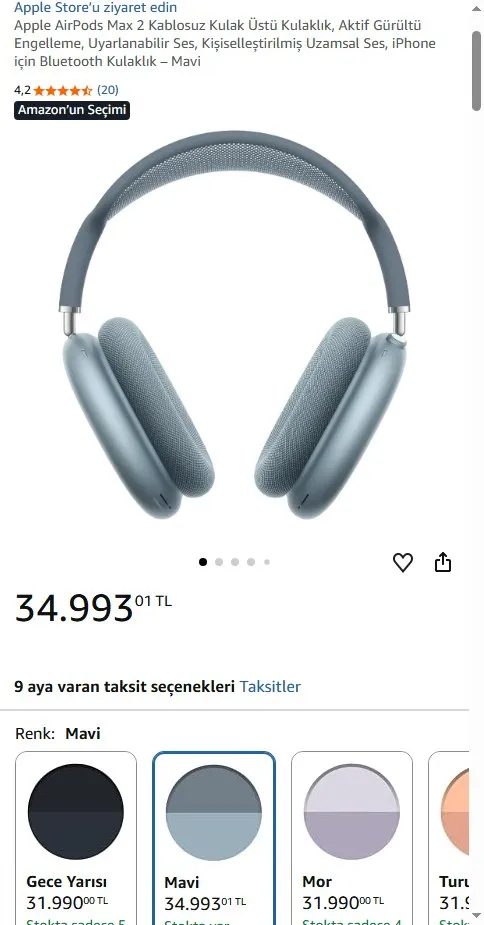 Apple AirPods Max 2 Kablosuz Kulak Üstü Kulaklık, Aktif Gürültü Engelleme, Uyarlanabilir Ses, Kişiselleştirilmiş Uzamsal Ses, iPhone için Bluetooth Kulaklık – Mavi