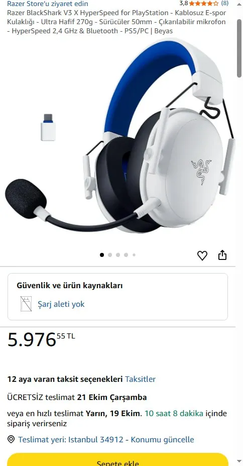 Razer BlackShark V3 X HyperSpeed for PlayStation - Kablosuz E-spor Kulaklığı - Ultra Hafif 270g - Sürücüler 50mm - Çıkarılabilir mikrofon - HyperSpeed 2,4 GHz & Bluetooth - PS5/PC | Beyas