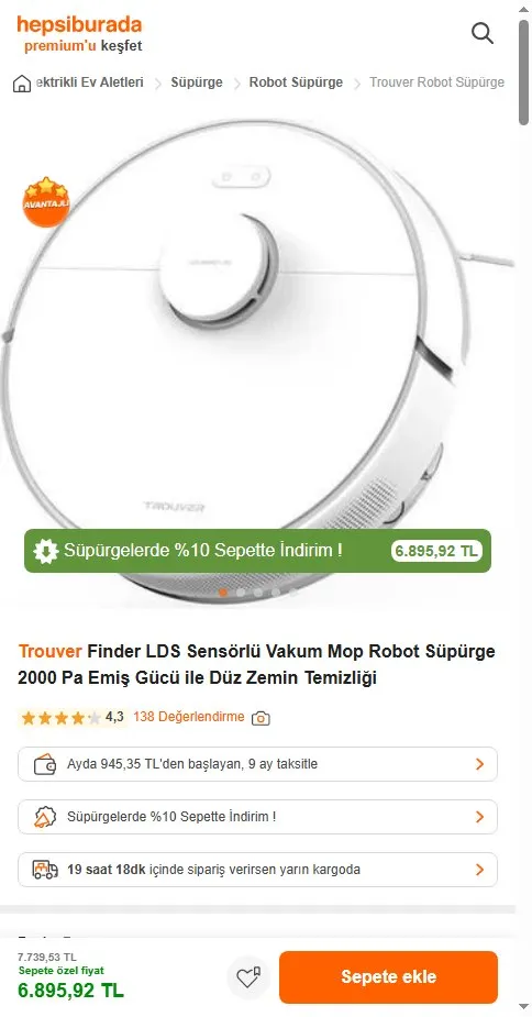 Trouver Finder LDS Sensörlü Vakum Mop Robot Süpürge 2000 Pa Emiş Gücü ile Düz Zemin Temizliği