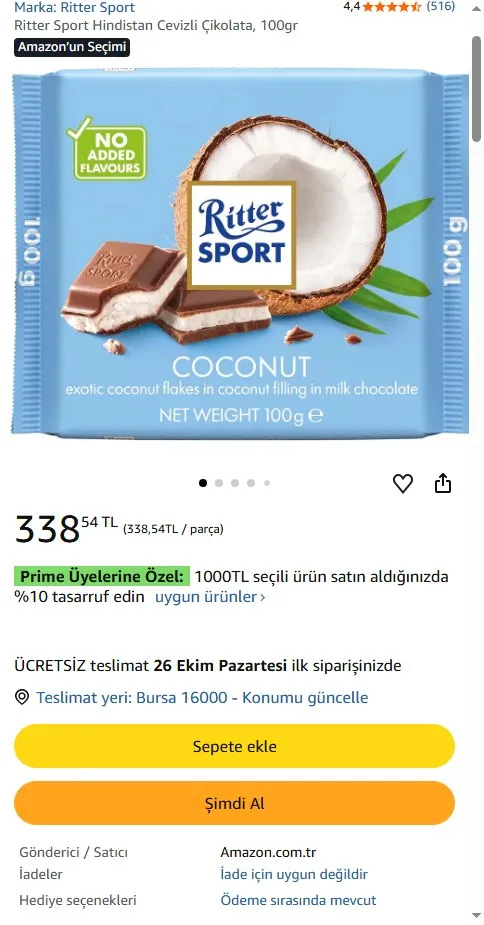 Ritter Sport Hindistan Cevizli Çikolata, 100gr