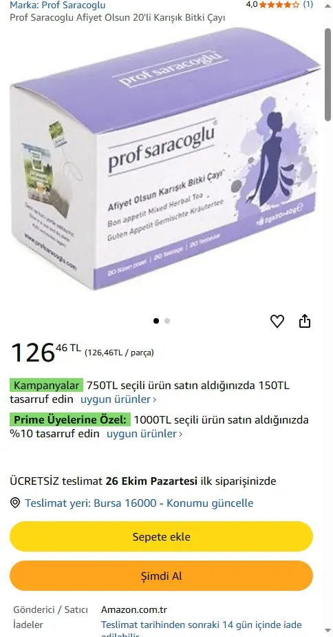 Prof Saracoglu Afiyet Olsun 20'li Karışık Bitki Çayı