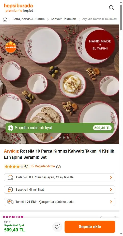 Aryıldız Rosella 10 Parça Kırmızı Kahvaltı Takımı 4 Kişilik El Yapımı Seramik Set
