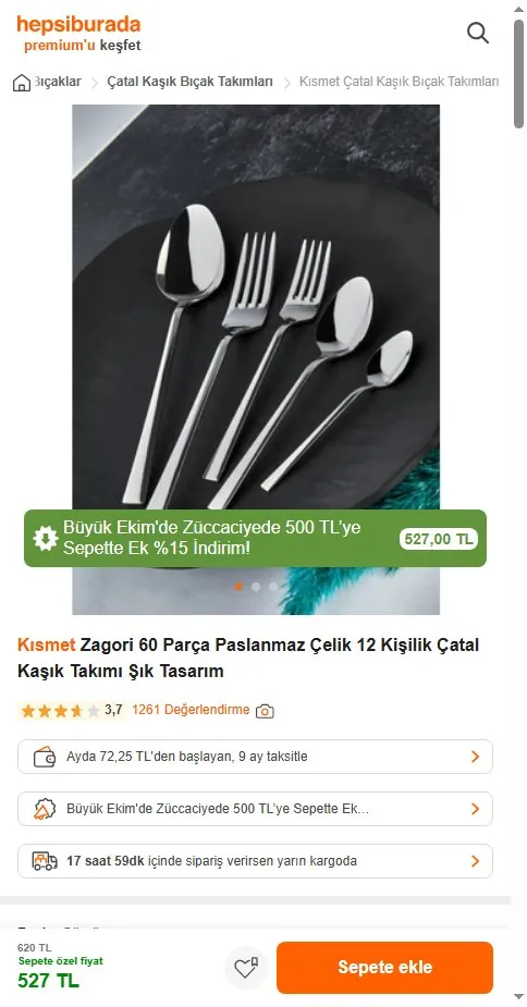 Kısmet Zagori 60 Parça Paslanmaz Çelik 12 Kişilik Çatal Kaşık Takımı Şık Tasarım
