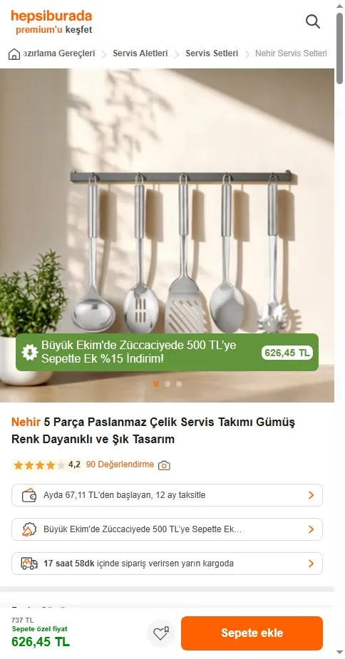 Nehir 5 Parça Paslanmaz Çelik Servis Takımı Gümüş Renk Dayanıklı ve Şık Tasarım