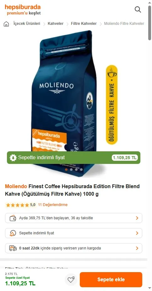 Moliendo Finest Coffee Hepsiburada Edition Filtre Blend Kahve (Öğütülmüş Filtre Kahve) 1000 g