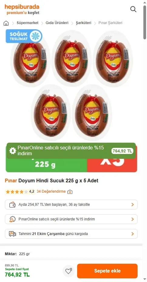 Pınar Doyum Hindi Sucuk 225 g x 5 Adet