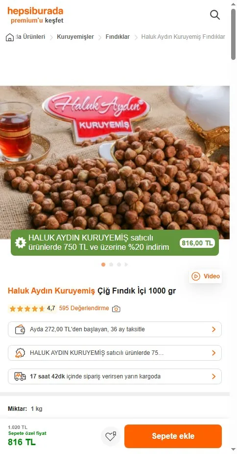 Haluk Aydın Kuruyemiş Çiğ Fındık İçi 1000 gr