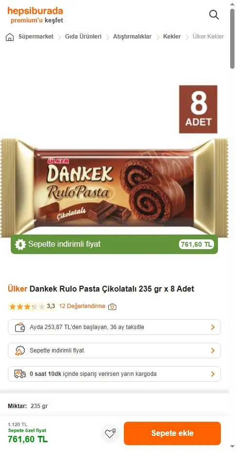 Ülker Dankek Rulo Pasta Çikolatalı 235 gr x 8 Adet