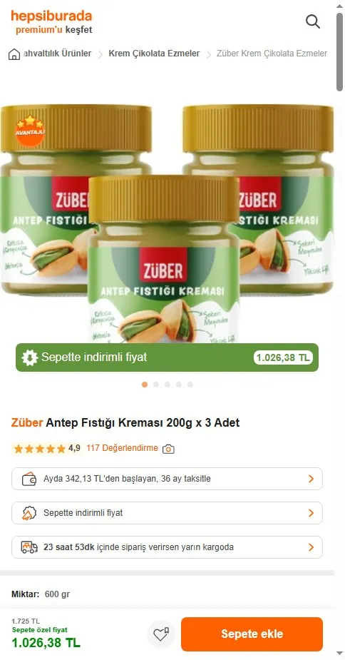 Züber Antep Fıstığı Kreması 200g x 3 Adet