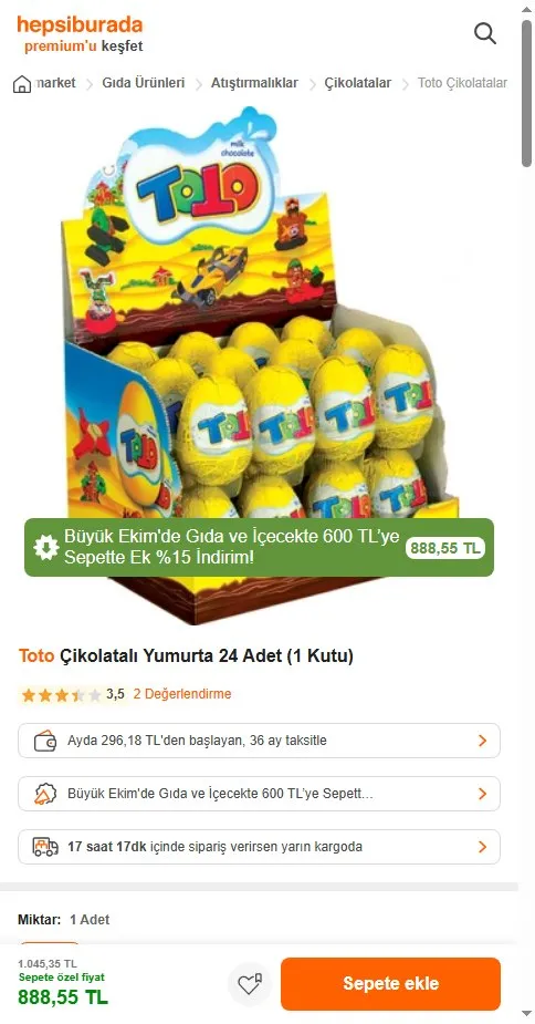 Toto Çikolatalı Yumurta 24 Adet (1 Kutu)