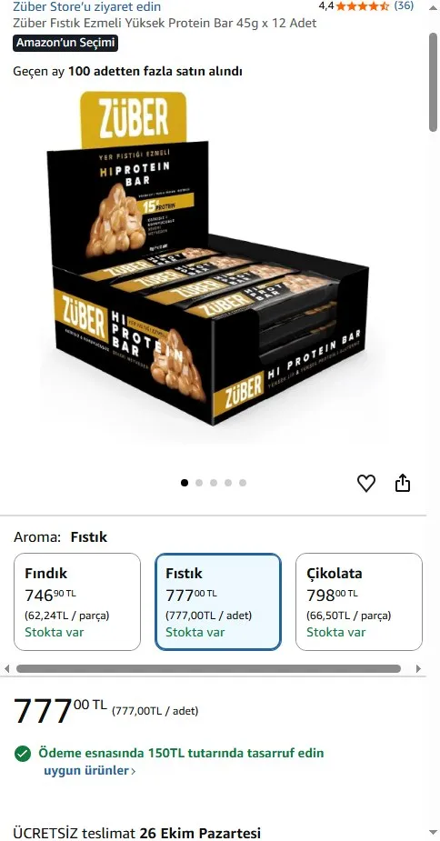 Züber Fıstık Ezmeli Yüksek Protein Bar 45g x 12 Adet