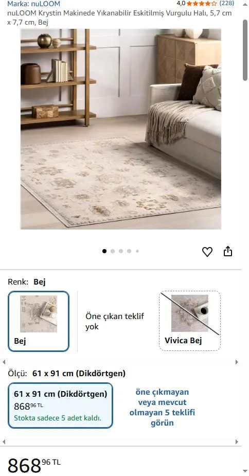 nuLOOM Krystin Makinede Yıkanabilir Eskitilmiş Vurgulu Halı, 5,7 cm x 7,7 cm, Bej