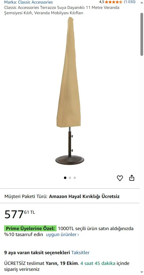 Classic Accessories Terrazzo Suya Dayanıklı 11 Metre Veranda Şemsiyesi Kılıfı, Veranda Mobilyası Kılıfları