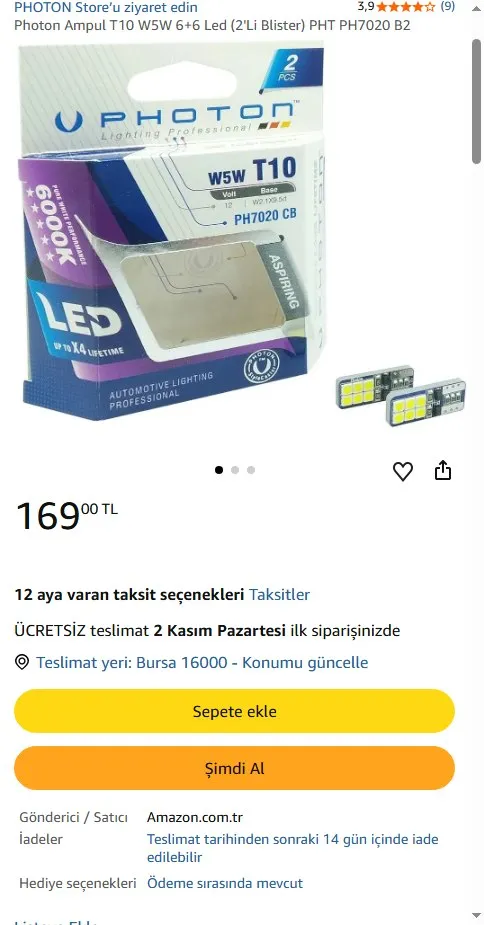 Photon Ampul T10 W5W 6+6 Led (2'Li Blister) PHT PH7020 B2
