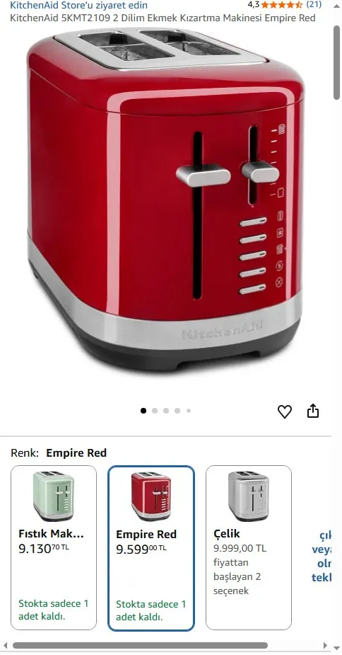 KitchenAid 5KMT2109 2 Dilim Ekmek Kızartma Makinesi Empire Red