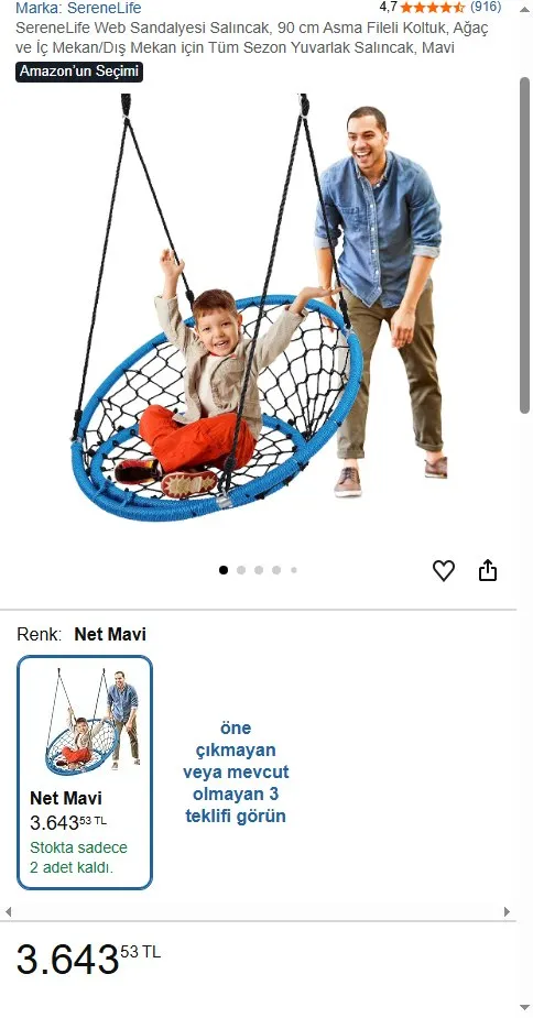 SereneLife Web Sandalyesi Salıncak, 90 cm Asma Fileli Koltuk, Ağaç ve İç Mekan/Dış Mekan için Tüm Sezon Yuvarlak Salıncak, Mavi