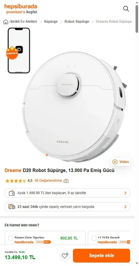 Dreame D20 Robot Süpürge, 13.000 Pa Emiş Gücü