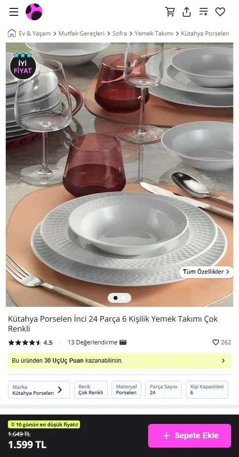 Kütahya Porselen İnci 24 Parça 6 Kişilik Yemek Takımı Çok Renkli