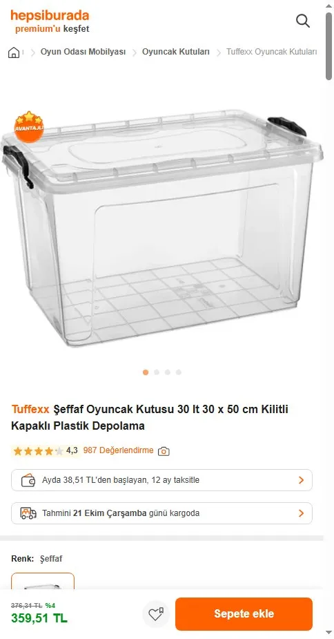 Tuffexx Şeffaf Oyuncak Kutusu 30 lt 30 x 50 cm Kilitli Kapaklı Plastik Depolama
