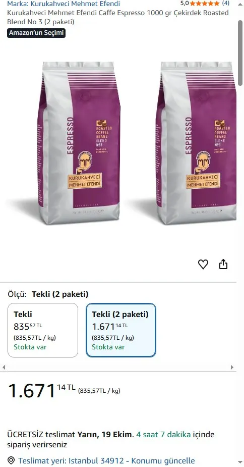 Kurukahveci Mehmet Efendi Caffe Espresso 1000 gr Çekirdek Roasted Blend No 3 (2 paketi)