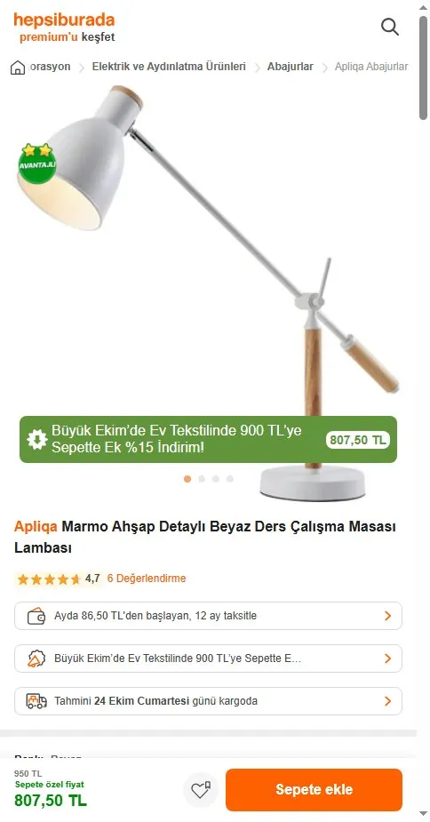 Apliqa Marmo Ahşap Detaylı Beyaz Ders Çalışma Masası Lambası