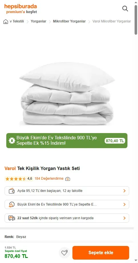 Varol Tek Kişilik Yorgan Yastık Seti