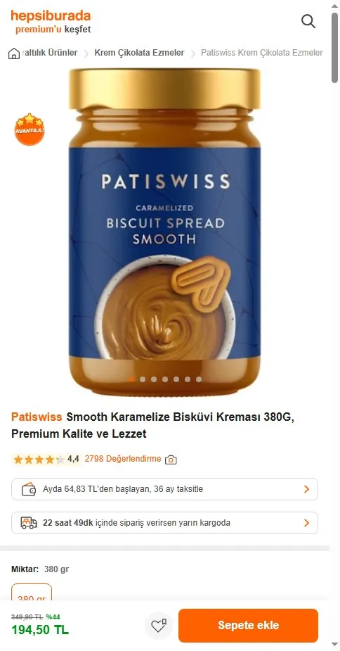 Patiswiss Smooth Karamelize Bisküvi Kreması 380G, Premium Kalite ve Lezzet