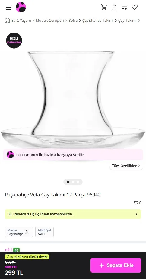 Paşabahçe Vefa Çay Takımı 12 Parça 96942