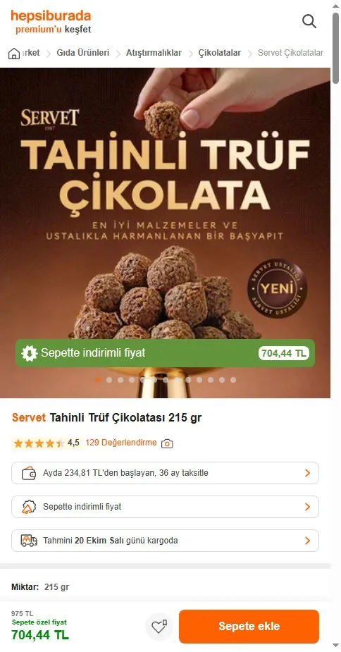 Servet Tahinli Trüf Çikolatası 215 gr