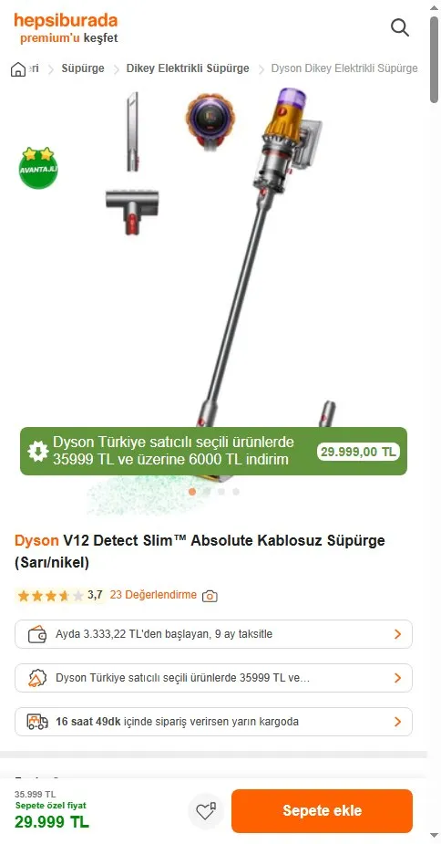 Dyson V12 Detect Slim™ Absolute Kablosuz Süpürge (Sarı/nikel)