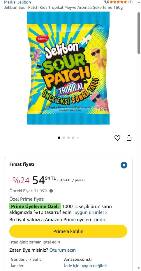 Jelibon Sour Patch Kids Tropikal Meyve Aromalı Şekerleme 160g