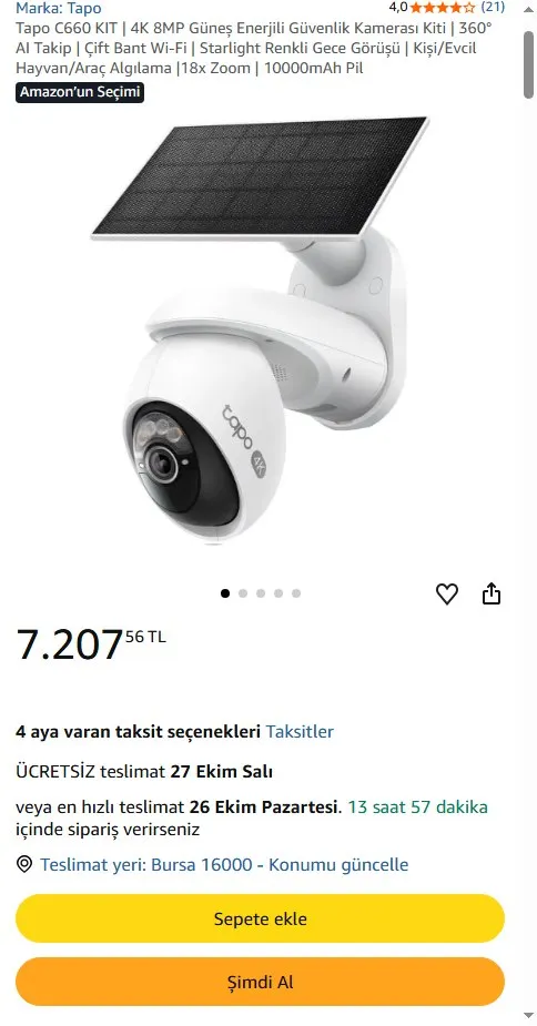 Tapo C660 KIT | 4K 8MP Güneş Enerjili Güvenlik Kamerası Kiti | 360° AI Takip | Çift Bant Wi-Fi | Starlight Renkli Gece Görüşü | Kişi/Evcil Hayvan/Araç Algılama |18x Zoom | 10000mAh Pil