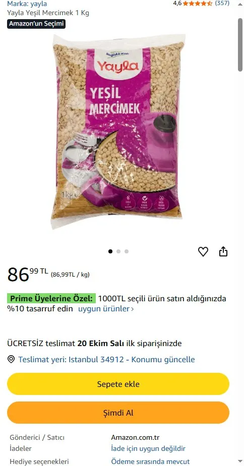 Yayla Yeşil Mercimek 1 Kg