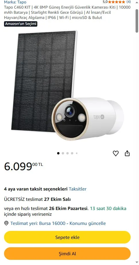 Tapo C460 KIT | 4K 8MP Güneş Enerjili Güvenlik Kamerası Kiti | 10000 mAh Batarya | Starlight Renkli Gece Görüşü | AI İnsan/Evcil Hayvan/Araç Algılama | IP66 | Wi-Fi | microSD & Bulut