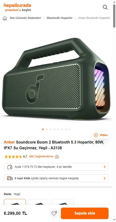Anker Soundcore Boom 2 Bluetooth 5.3 Hoparlör, 80W, IPX7 Su Geçirmez, Yeşil - A3138