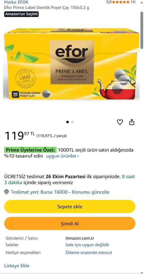 Efor Prime Label Demlik Poşet Çay 100x3,2 g